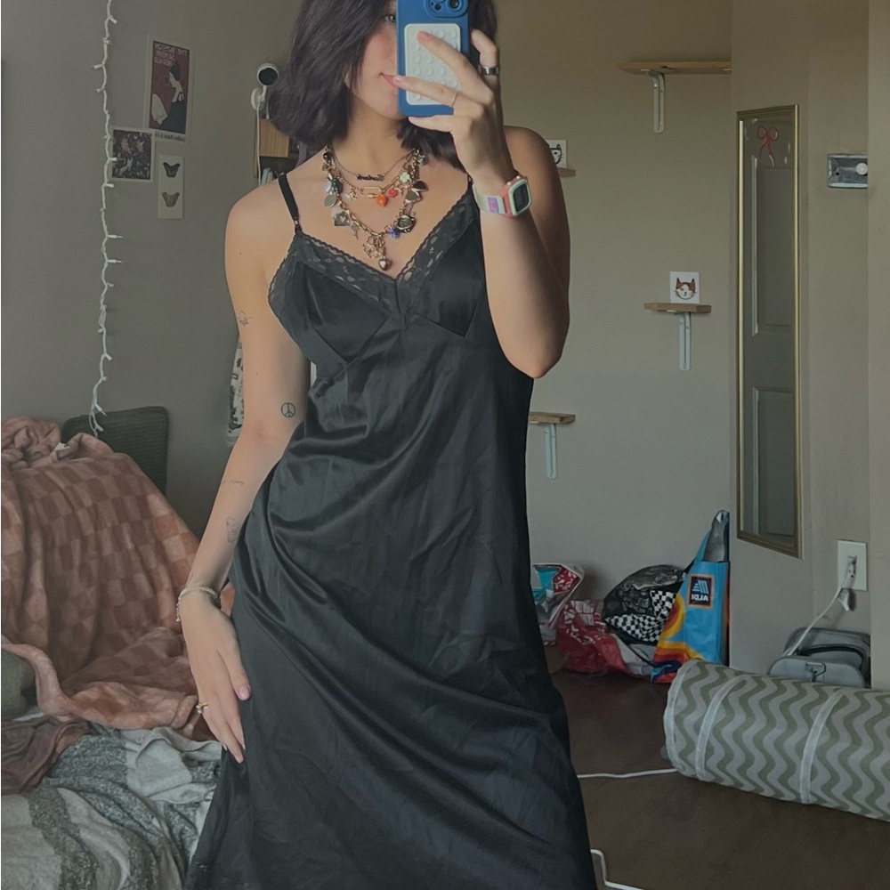 Vanity Fair Black Chemise with Lace Trim and Spaghetti Straps